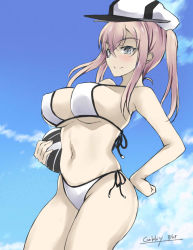 Rule 34 | 1girl, ball, bikini, blonde hair, blue sky, breasts, cloud, commentary request, gakky, graf zeppelin (kancolle), grey eyes, hair between eyes, hand on own hip, hat, kantai collection, large breasts, one-hour drawing challenge, peaked cap, side-tie bikini bottom, sidelocks, sky, solo, swimsuit, tsurime, twintails, white bikini