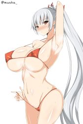 Rule 34 | 1girl, alternate hairstyle, arm up, armpits, bikini, bikini pull, blush, bow, breasts, cameltoe, camera, cleavage, clothes pull, covered erect nipples, cowboy shot, fujiwara no mokou, grey hair, hair bow, holding, large breasts, long hair, looking at viewer, micro bikini, musuka (muska), navel, open mouth, ponytail, red eyes, simple background, solo, standing, sweat, swimsuit, touhou, twitter username, very long hair, white background