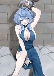Rule 34 | 1girl, absurdres, ako (blue archive), ako (dress) (blue archive), armpits, blue archive, blue eyes, blue hair, blush, breasts, chain, cuffs, dantyou2525, dress, handcuffs, highres, large breasts, long hair, looking at viewer, official alternate costume, open mouth, sideboob, sleeveless, sleeveless dress, solo