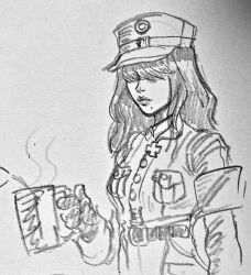 Rule 34 | 1girl, 2020, armband, belt, borrowed character, breasts, coffee mug, collarbone, commentary, cross, cup, dress, english commentary, facing viewer, female focus, gloves, graphite (medium), hair over eyes, hat, highres, holding, long hair, long sleeves, looking back, medium breasts, military uniform, mole, mole under mouth, mug, original, pantyhose, pocket, setz, skellyjacks1, solo, thick lips, traditional media, uniform, very long hair