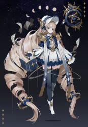 Rule 34 | 1girl, absurdly long hair, absurdres, ahoge, ankle boots, armor, black background, black thighhighs, blonde hair, blue capelet, blue eyes, blue gloves, bonnet, book, boots, capelet, celestial globe, chap yun, closed mouth, commentary, crescent print, dress, drill hair, expressionless, floating, floating book, floating object, frilled dress, frills, full body, gloves, gradient background, hair ornament, highres, long hair, long sleeves, looking at viewer, moon phases, original, paper, planetary ring, puffy long sleeves, puffy sleeves, short eyebrows, shoulder armor, sleeves past wrists, solo, star (symbol), starry background, stole, symbol-only commentary, thighhighs, twin drills, very long hair, white dress, white footwear, white headwear