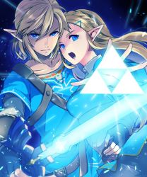 Rule 34 | 1boy, 1girl, ataka takeru, black gloves, blonde hair, blue eyes, blue shirt, braid, closed mouth, collarbone, crown braid, fingerless gloves, floating hair, gloves, holding, holding sword, holding weapon, link, long hair, looking at viewer, nintendo, open mouth, outstretched hand, pointy ears, princess zelda, shirt, sword, the legend of zelda, the legend of zelda: breath of the wild, triforce, weapon