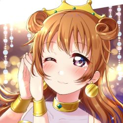 Rule 34 | 1girl, ;), artist name, artist request, blush, bracelet, breasts, brown hair, butterfly (love live!), choker, cleavage, close-up, clothing cutout, collarbone, cropped shirt, crown, detached sleeves, double bun, dress, dress shirt, earrings, female focus, gold bracelet, hair between eyes, hair bun, hair rings, hand on own cheek, hand on own face, harem outfit, highres, jewelry, konoe kanata, long hair, looking at viewer, love live!, love live! nijigasaki high school idol club, love live! school idol festival, navel, one eye closed, parted lips, puffy short sleeves, puffy sleeves, purple eyes, purple shirt, shirt, short sleeves, shorts, shoulder cutout, smile, solo, two side up, upper body, wink, yellow bracelet, yellow choker
