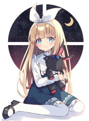 Rule 34 | 1girl, absurdres, alice (alice in wonderland), black footwear, blonde hair, blue bow, blue eyes, blue skirt, bow, crescent moon, hairband, highres, holding, holding stuffed toy, long hair, looking at viewer, moon, original, pantyhose, shirt, shoes, sitting, skirt, smile, solo, stuffed animal, stuffed rabbit, stuffed toy, wariza, white hairband, white pantyhose, white shirt, window, zoirun