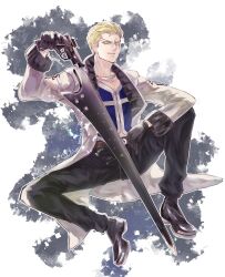 Rule 34 | 1boy, belt, black footwear, black gloves, black pants, blonde hair, blue shirt, brown belt, chain, chain necklace, coat, eni (yoyogieni), final fantasy, final fantasy viii, full body, gloves, green eyes, gunblade, hair slicked back, highres, holding, holding weapon, jewelry, long coat, looking at viewer, male focus, necklace, pants, scar, scar on face, scar on forehead, seifer almasy, shirt, short hair, sitting, smile, solo, weapon, white coat