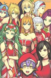 Rule 34 | 6+girls, angela (seiken densetsu 3), atlus, bell, black hair, blonde hair, blue eyes, blue hair, braid, breasts, breath of fire, brown eyes, capcom, choker, christmas, cleavage, clothing cutout, collarbone, commentary, crossover, diadem, dragon quest, earrings, edna (tales), elbow gloves, elizabeth (persona), english commentary, final fantasy, final fantasy vii, fiora (xenoblade), fire emblem, fire emblem: three houses, fire emblem heroes, fur trim, gensou suikoden, gloves, gofelem, green eyes, hair ornament, hairband, halterneck, hat, jewelry, large breasts, light blue hair, long hair, looking at viewer, medium breasts, medium hair, midriff, mistletoe, multiple crossover, multiple girls, navel, navel cutout, necklace, nina (breath of fire ii), nina (breath of fire iii), nintendo, open mouth, orange background, patreon username, persona, pointy ears, ponytail, poppi (xenoblade), poppi alpha (xenoblade), purple hair, red eyes, sage (dq3), sega, seiken densetsu, seiken densetsu 3, shadow, short hair, sierra mikain, simple background, small breasts, smile, sothis (fire emblem), spaghetti strap, square enix, strapless, suspenders, tifa lockhart, turtleneck, twin braids, twitter username, very long hair, white hair, wings, xenoblade chronicles (series), xenoblade chronicles 2, yellow eyes