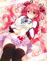 Rule 34 | 1girl, akina tsukako, black thighhighs, breasts, cheria barnes, clothes lift, flower, lace, lying, navel, no panties, on back, pink hair, purple skirt, red eyes, ribbon, shirt lift, short hair, short twintails, skirt, solo, tales of (series), tales of graces, thighhighs, twintails, underboob, valentine