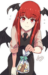 Rule 34 | 1girl, bag, bat wings, black necktie, black skirt, black vest, blush, chocolate, closed mouth, commentary request, cowboy shot, fingernails, flying sweatdrops, foreshortening, hand on leg, head wings, highres, holding, holding bag, jack (wkm74959), koakuma, leaning forward, looking at viewer, necktie, one-hour drawing challenge, red eyes, red hair, skirt, skirt set, sleeves past elbows, sleeves rolled up, smile, solo, touhou, vest, wing collar, wings
