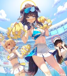 Rule 34 | 3girls, ahoge, aile (crossroads), animal ears, bare shoulders, baseball cap, black hair, black headwear, blonde hair, blue archive, blue eyes, blue sky, blunt bangs, blush, braid, breasts, cheerleader, cleavage, commentary request, criss-cross halter, crop top, day, dog ears, dog girl, dog tail, eyewear on head, goggles, goggles on head, halo, halterneck, hat, hibiki (blue archive), hibiki (cheer squad) (blue archive), highres, holding, holding pom poms, justice task force member (blue archive), kotori (blue archive), kotori (cheer squad) (blue archive), large breasts, long hair, looking at viewer, low twintails, midriff, millennium cheerleader outfit (blue archive), miniskirt, multiple girls, navel, official alternate costume, open mouth, outdoors, pleated skirt, pom pom (cheerleading), pom poms, ponytail, red eyes, shirt, short hair, short sleeves, short twintails, sidelocks, skirt, sky, smile, sports bra, stadium, standing, star sticker, sticker on face, tail, thigh strap, thighs, twintails, white shirt, white skirt