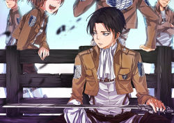 Rule 34 | 1girl, 4boys, :d, ascot, bench, black hair, blade, blue eyes, blue sky, day, dewitri, emblem, erd gin, head out of frame, highres, jacket, levi (shingeki no kyojin), long sleeves, military, military uniform, multiple boys, open clothes, open jacket, open mouth, park bench, petra ral, running, shingeki no kyojin, sitting, sky, smile, solo focus, three-dimensional maneuver gear, uniform