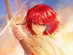 Rule 34 | 1girl, akatsuki no yona, arrow (projectile), bow (weapon), closed mouth, earrings, hair between eyes, holding, holding arrow, holding bow (weapon), holding weapon, jewelry, lens flare, long hair, megaheng, red eyes, red hair, short hair, solo, sparkle, upper body, weapon, yona (akatsuki no yona)