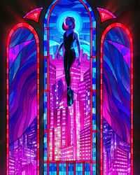 Rule 34 | 1girl, ballet slippers, bodysuit, breasts, building, city, commentary, devin elle kurtz, english commentary, gwen stacy, hood, hooded bodysuit, hoodie, marvel, mask, shoes, small breasts, solo, spider-gwen, spider-man: into the spider-verse, spider-man (series), spider-verse, superhero costume, uniform