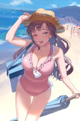 Rule 34 | beach, beach umbrella, blue sky, breasts, brown hair, casual one-piece swimsuit, cleavage, cloud, commentary request, cooler, cowboy shot, day, green eyes, hat, highres, long hair, looking at viewer, medium breasts, mountain, one-piece swimsuit, open mouth, original, outdoors, pink one-piece swimsuit, round teeth, satsuki neko, sky, solo focus, standing, straw hat, sun hat, swimsuit, teeth, umbrella, upper teeth only