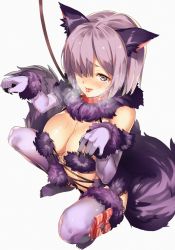 Rule 34 | 1girl, animal ears, blush, breasts, breath, claws, collar, elbow gloves, fate/grand order, fate (series), fur trim, furisuku, gloves, hair over one eye, halloween costume, heart, heart-shaped pupils, heavy breathing, highres, large breasts, leash, looking at viewer, mash kyrielight, mash kyrielight (dangerous beast), official alternate costume, open mouth, purple eyes, purple hair, short hair, solo, squatting, sweat, symbol-shaped pupils, tail, tears, thighhighs, tongue, tongue out, white background, wolf ears, wolf tail