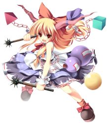 Rule 34 | &gt;:d, 1girl, :d, ball, bare shoulders, black footwear, blunt bangs, bow, brown socks, chain, cube, dress, fang, fangs, female focus, footwear bow, gourd, hair bow, highres, horn ornament, horn ribbon, horns, ibuki suika, long hair, looking at viewer, low-tied long hair, mace, neck ribbon, open mouth, orange eyes, orange hair, purple ribbon, pyramid (structure), red bow, red ribbon, ribbon, shirt, shoes, simple background, skirt, skirt set, sleeveless, sleeveless shirt, smile, socks, solo, tateha (marvelous grace), touhou, v-shaped eyebrows, weapon, white background, wrist cuffs, yellow eyes