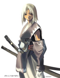 Rule 34 | 00s, 1girl, 2002, androgynous, brown eyes, dated, gloves, japanese clothes, nagi ryou, short hair, solo, sword, weapon, white hair