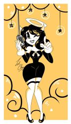 Rule 34 | 1girl, alice (bendy and the ink machine), bendy and the ink machine, black footwear, black hair, black lips, breasts, detached sleeves, gloves, halo, high heels, hip focus, horns, long hair, one eye closed, wink, zanty chan