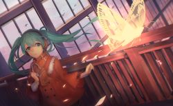 Rule 34 | 1girl, aqua eyes, aqua hair, bug, building, butterfly, coat, earmuffs, expressionless, fence, floating hair, fur trim, glowing butterfly, hatsune miku, insect, interior, iwato1712, jacket, long hair, long sleeves, looking at viewer, orange jacket, outdoors, petals, railing, scarf, solo, twintails, very long hair, vocaloid, wind, window, winter clothes