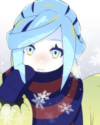 Rule 34 | 1boy, aqua eyes, aqua hair, blue mittens, blue scarf, commentary request, creatures (company), game freak, grey background, grusha (pokemon), hand up, highres, jacket, long sleeves, looking at viewer, male focus, mittens, nintendo, pale skin, parted lips, pokemon, pokemon sv, scarf, snowflakes, snowing, solo, striped clothes, striped scarf, upper body, yellow jacket, zerogiga