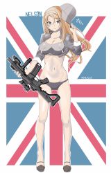 Rule 34 | adapted costume, artist name, baseball cap, bikini, blonde hair, blue eyes, character name, cropped jacket, flag background, full body, grey bikini, grey headwear, grey jacket, gun, hat, highres, jacket, kantai collection, long hair, nelson (kancolle), rifle, standing, swimsuit, tada (tactical tada), union jack, weapon, weapon request