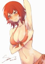 Rule 34 | 1girl, armpits, artist name, bikini, blush, breasts, cleavage, closed mouth, dated, embarrassed, grand blue, highres, hornee borgar, kotegawa chisa, looking away, medium breasts, orange eyes, red hair, short hair, signature, simple background, solo, swimsuit, white background