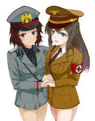 Rule 34 | 2girls, absurdres, adolf hitler, armband, benito mussolini, black hair, blue eyes, breast press, breasts, brown eyes, brown hair, cowboy shot, cross, eyes visible through hair, fringe trim, genderswap, genderswap (mtf), germany, hat, highres, holding hands, iron cross, italy, long hair, looking at viewer, medium breasts, military, military hat, military uniform, multiple girls, nazi, necktie, no pants, open mouth, parted lips, pocket, real life, short hair, smile, source request, standing, symmetrical docking, uniform, world war ii