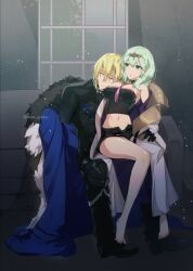 Rule 34 | 1boy, 1girl, armor, bare legs, bare shoulders, barefoot, black armor, black shorts, blonde hair, blue cape, breasts, byleth (female) (fire emblem), byleth (fire emblem), cape, closed eyes, commentary request, dimitri alexandre blaiddyd, fire emblem, fire emblem: three houses, fur-trimmed cape, fur trim, green eyes, green hair, indoors, large breasts, medium hair, midriff, navel, nintendo, off shoulder, parted lips, short hair, short shorts, shorts, sitting, stomach, strapless, thighs, tube top, yomusugara (uzo-muzo)