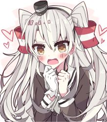 Rule 34 | 10s, 1girl, amatsukaze (kancolle), blush, clenched hands, female focus, gloves, grey hair, hair tubes, hairband, heart, highres, kantai collection, kvlen, long hair, open mouth, single glove, solo, two side up, upper body, white background, yellow eyes