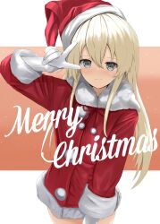 Rule 34 | 1girl, absurdres, alternate costume, blonde hair, commentary request, cowboy shot, disuto, dress, fur-trimmed dress, fur-trimmed headwear, fur trim, grey eyes, hat, highres, kantai collection, leaning forward, long hair, merry christmas, red dress, santa dress, santa hat, shimakaze (kancolle), solo, v