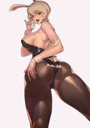 Rule 34 | 1girl, animal ears, ass, battle bunny riven, black legwear, breasts, bunny ears, bunny tail, playboy bunny, fellatio gesture, hand gesture, hand on ass, highres, large breasts, league of legends, leotard, looking at viewer, looking back, pantyhose, riven (league of legends), short hair, sideboob, silver hair, solo, strapless, tail, tongue, tongue out, wrist cuffs