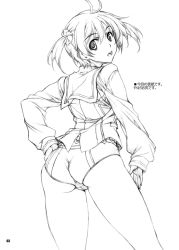 Rule 34 | 1girl, ass, greyscale, isshiki akane, looking back, monochrome, open mouth, scrunchie, short hair, simple background, solo, translation request, twintails, vividred operation, white background, yashima tetsuya