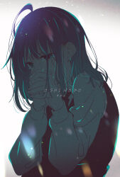 Rule 34 | 1girl, ahoge, black vest, blue eyes, blue hair, collared shirt, commentary, copyright name, covering own mouth, crying, crying with eyes open, gradient background, grey background, highres, hirayama kanna, kurokawa akane, light particles, long sleeves, medium hair, oshi no ko, own hands clasped, own hands together, shirt, sidelocks, solo, tears, vest, white background, white shirt