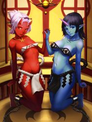 Rule 34 | 2girls, ankle cuffs, arm at side, bare shoulders, barefoot, blue eyes, blue lips, blue oni, blue skin, breasts, closed mouth, collarbone, colored skin, contrast, cuffs, demon girl, fang, fingernails, folded ponytail, full body, hair ornament, hair stick, highres, holding hands, horns, jewelry, kneeling, lantern, loincloth, long fingernails, looking at viewer, minami koyogi, multiple girls, navel, necklace, oni, oni horns, original, paper lantern, pointy ears, red eyes, red lips, red oni, red skin, shackles, sharp fingernails, shide, short hair, single horn, small breasts, smile, stomach, strapless, symmetrical hand pose, symmetrical pose, underboob
