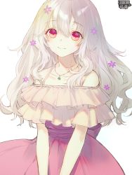 Rule 34 | 1girl, blush, dress, elf, flower, hair flower, hair ornament, jewelry, kerberos blade, long hair, looking at viewer, necklace, official art, pale skin, pink dress, pointy ears, red eyes, sakuma shiki, silver hair, smile, solo, standing, very long hair, white background