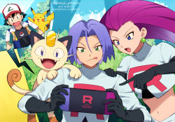 Rule 34 | 1girl, 2boys, :q, artist name, ash ketchum, baseball cap, black gloves, blue eyes, commentary request, creatures (company), earrings, english text, fangs, game freak, gen 1 pokemon, gloves, green eyes, handheld game console, hat, holding, holding handheld game console, jacket, james (pokemon), jessie (pokemon), jewelry, meiji ken, meowth, multiple boys, navel, nintendo, nintendo switch, official style, open mouth, pikachu, pointing, pokemon, pokemon (anime), pokemon (classic anime), pokemon (creature), purple hair, team rocket, team rocket uniform, tongue, tongue out, v-shaped eyebrows, watermark
