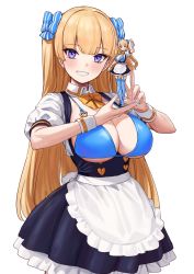 Rule 34 | 1girl, apron, bikini, blonde hair, blue bikini, blue bow, blue eyes, blue nails, blush, bow, breasts, figure, hair bow, highres, holding, large breasts, lina (michihasu), looking at viewer, maid apron, michihasu, multicolored nails, nail polish, original, pink nails, simple background, smile, striped, striped bow, swimsuit, white background