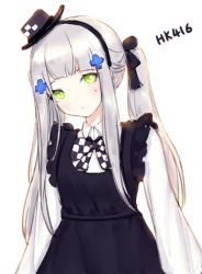 Rule 34 | 1girl, black bow, black bowtie, black dress, black hairband, blush, bow, bowtie, character name, closed mouth, dress, girls&#039; frontline, green eyes, grey hair, hairband, hat, head tilt, hk416 (black kitty&#039;s gift) (girls&#039; frontline), hk416 (girls&#039; frontline), long hair, long sleeves, looking at viewer, mini hat, mini top hat, mole, mole under eye, official alternate costume, pinafore dress, shirt, simple background, siun, sleeveless dress, solo, top hat, white background, white shirt