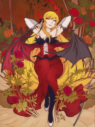 Rule 34 | 1girl, absurdres, armpits, arms behind head, arms up, art nouveau, bakemonogatari, bare shoulders, bat (animal), bat wings, black pantyhose, blonde hair, breasts, cleavage, crescent moon, curvy, demon girl, dress, elbow gloves, fang, fang out, flat color, flower, frilled dress, frills, fur trim, gloves, hair ribbon, highres, kiss-shot acerola-orion heart-under-blade, large breasts, leaf, long hair, looking at viewer, monogatari (series), moon, naughty face, night, night sky, orange flower, orange rose, oshino shinobu, outdoors, pantyhose, planted, planted sword, planted weapon, pointy ears, red dress, red flower, red moon, red rose, ribbon, rose, shoes, sitting, sky, slit pupils, smile, strapless, strapless dress, sword, thighhighs, vampire, very long hair, watanabe akio, weapon, white gloves, wide hips, wings, yellow eyes