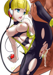 Rule 34 | 10s, 1girl, artist name, bare shoulders, black pantyhose, blonde hair, blue eyes, breasts, cabbie hat, clothed female nude male, clothed sex, cony (la locura), creatures (company), cum, cum in pussy, drooling, elesa (pokemon), game freak, gym leader, hat, headphones, highres, holding, holding poke ball, medium breasts, medium hair, midriff, nail polish, navel, nintendo, nipples, nude, pantyhose, penis, poke ball, pokemon, pokemon (anime), pokemon bw, saliva, sex, short hair, signature, solo focus, spread legs, testicles, torn clothes, torn legwear, uncensored, vaginal