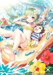 Rule 34 | 1girl, :d, anchor hair ornament, animal print, arm up, armpits, bikini, blush, bow, bow bikini, cat, copyright name, fish print, flower, flower anklet, frilled bikini, frills, green hair, hair flower, hair ornament, hair ribbon, hand on own forehead, hand up, hibiscus, innertube, light rays, long hair, low twintails, official art, one eye closed, open mouth, outdoors, outstretched legs, palm tree, paw print, print innertube, red eyes, ribbon, ronce, scrunchie, shitorii nina, smile, soles, solo, sparkle, splashing, sunlight, swim ring, swimsuit, thigh strap, tree, twintails, very long hair, water, water drop, water slide, wrist scrunchie, z/x