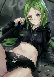 Rule 34 | 1girl, absurdres, bandaid, bandaid on hand, bandaid on neck, black jacket, black panties, blood, breasts, chain, chain necklace, commentary, cowboy shot, crop top, ear piercing, earrings, english text, facial tattoo, femdom, green eyes, green hair, heart, heart necklace, highres, holding, holding leash, hood, hood down, hooded jacket, isari sensei, jacket, jewelry, leash, long hair, long sleeves, looking at viewer, lying, mouth piercing, navel, neck tattoo, necklace, nose piercing, on back, on floor, original, panties, parted lips, piercing, pov, small breasts, solo, spike ball, tattoo, underwear