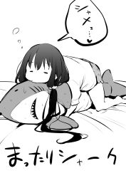 Rule 34 | 1girl, absurdres, airandou, bed sheet, closed eyes, commentary request, facing viewer, floral print, greyscale, highres, hugging object, long hair, low twintails, lying, monochrome, on stomach, original, print shorts, shirt, short shorts, short sleeves, shorts, simple background, solo, stuffed animal, stuffed shark, stuffed toy, translation request, twintails, very long hair, white background