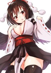 Rule 34 | 1girl, :o, amamitsu kousuke, bad id, bad twitter id, black hair, black skirt, black thighhighs, black wings, blush, breasts, cleavage, cowboy shot, detached sleeves, groin, hand on breast, hand on own chest, hat, hat ribbon, kourindou tengu costume, large breasts, loincloth, long sleeves, looking at viewer, looking down, no panties, open mouth, partially visible vulva, pom pom (clothes), red eyes, red hat, red ribbon, ribbon, ribbon-trimmed sleeves, ribbon trim, shameimaru aya, shiny skin, short hair, showgirl skirt, simple background, sketch, skirt, sleeves past wrists, solo, standing, thighhighs, tokin hat, touhou, white background, wide sleeves, wings