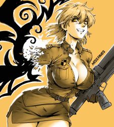 Rule 34 | 1girl, amputated arm, amputee, anti-materiel rifle, artist name, belt, blonde hair, breasts, cannon, evil smile, fangs, feet out of frame, gun, hellsing, hellsing 30mm anti-tank cannon harkonnen, highres, holding, holding weapon, large breasts, looking at viewer, miss faves, rifle, seras victoria, skirt, smile, sniper rifle, spiked hair, teeth, transformation, weapon, yellow background, yellow eyes, yellow theme