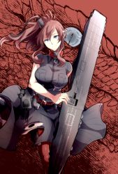 Rule 34 | 10s, 1girl, black dress, blue eyes, breast pocket, breasts, brown hair, dragon, dress, flight deck, hair between eyes, kantai collection, large breasts, long hair, looking at viewer, pocket, pointy ears, ponytail, red thighhighs, saratoga (kancolle), saratoga mk ii (kancolle), side ponytail, sidelocks, slit pupils, solo, takatsuki nato, thighhighs, torn clothes