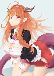 Rule 34 | absurdres, braid, breasts, cleavage, dragon girl, dragon horns, dragon tail, highres, hololive, horns, kiryu coco, large breasts, open mouth, orange hair, red skirt, rururaroru, skirt, tagme, tail, virtual youtuber
