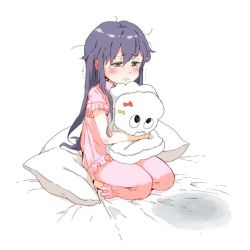 Rule 34 | 10s, 1girl, akatsuki (kancolle), bad id, bad twitter id, bedwetting, bow, character doll, commentary request, hugging doll, gomennasai, grey eyes, kantai collection, kneeling, long hair, messy hair, miss cloud, hugging object, on bed, pajamas, pillow, pink pajamas, sidelocks, sketch, solo, stuffed toy, tears, translation request, trembling, white background