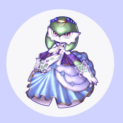 Rule 34 | 1girl, blue border, blue dress, blue gemstone, bob cut, border, brooch, capelet, closed mouth, clothed pokemon, colored skin, creatures (company), dress, female focus, flat chest, full body, game freak, gardevoir, gardevoir (aurora), gem, gen 3 pokemon, gloves, green hair, green skin, hair between eyes, hand on own chest, hand up, happy, highres, jewelry, looking at viewer, monya, multicolored skin, nintendo, pokemon, pokemon (creature), pokemon unite, purple capelet, red eyes, red gemstone, round image, see-through, short hair, simple background, smile, solo, standing, tiara, two-tone dress, two-tone skin, white background, white dress, white gloves, white skin