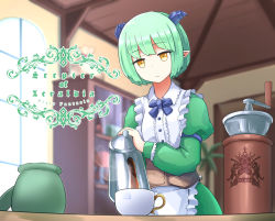 Rule 34 | 1girl, blurry, blurry background, bow, bowtie, coffee grinder, copyright name, cup, green hair, highres, horns, indoors, jar, mug, pixiv fantasia, pixiv fantasia scepter of zeraldia, pointy ears, pouring, ranigrany, short hair, sylvia docksford, waitress, yellow eyes
