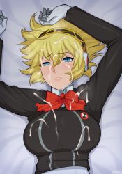 Rule 34 | 1girl, aegis (persona), afrobull, aqua eyes, arms up, blonde hair, blue eyes, bow, bowtie, breasts, cum, cum on body, cum on breasts, cum on upper body, facial, gloves, hair ornament, highres, large breasts, lips, looking at viewer, lying, on back, persona, persona 3, red bow, red bowtie, short hair, solo, sweat